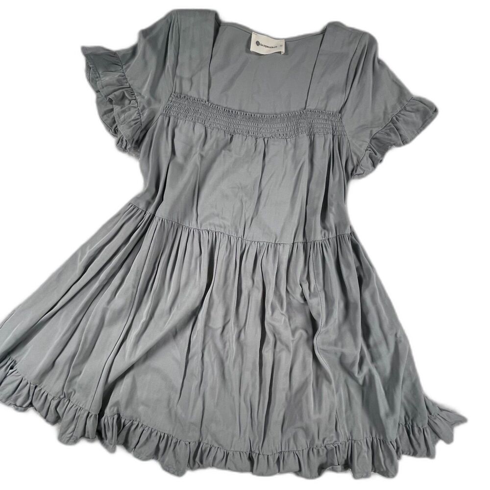 The Impeccable Pig Smocked Tiered Mini Dress Large Gray Modal Ruffle Sleeve
